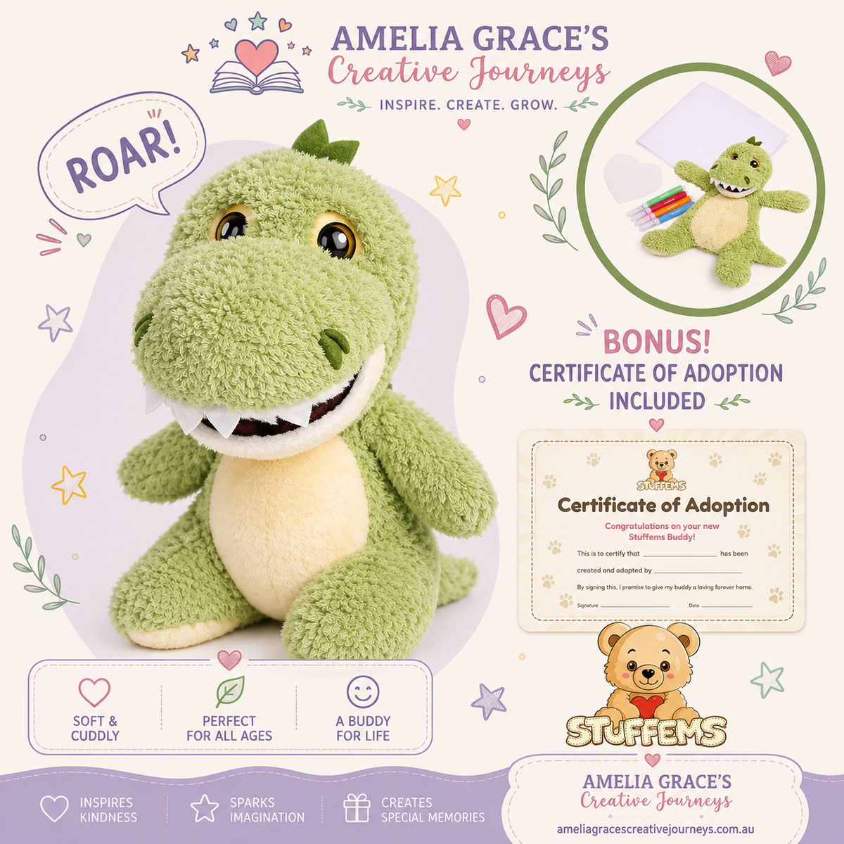 Brand-New Green Dinosaur Stuffems kids plush craft activity
